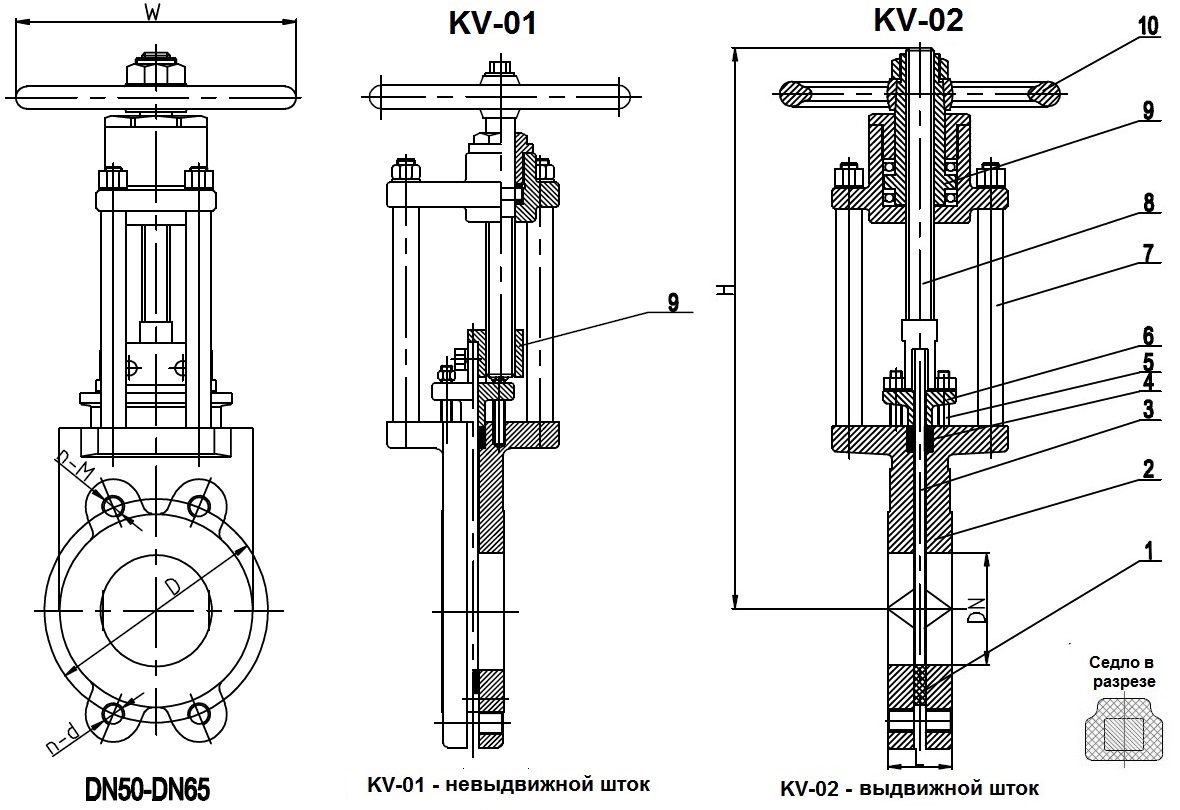 PN10 и PN16, DN050-600, GGG40/SS304/EPDM двусторонние. Задвижки шиберные (затворы ножевые) ABRA-KV-02 со штурвалом выдвижной шток (OS&Y)